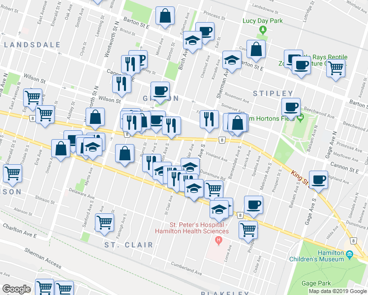 map of restaurants, bars, coffee shops, grocery stores, and more near in Hamilton