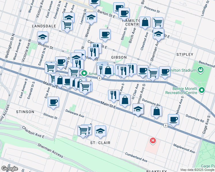 map of restaurants, bars, coffee shops, grocery stores, and more near 15 Burris Street in Hamilton