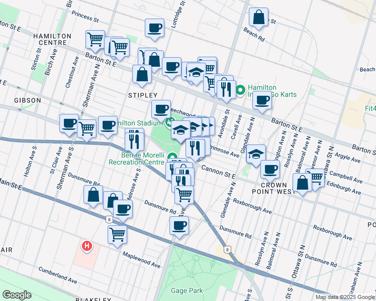 map of restaurants, bars, coffee shops, grocery stores, and more near 65 Connaught Avenue North in Hamilton