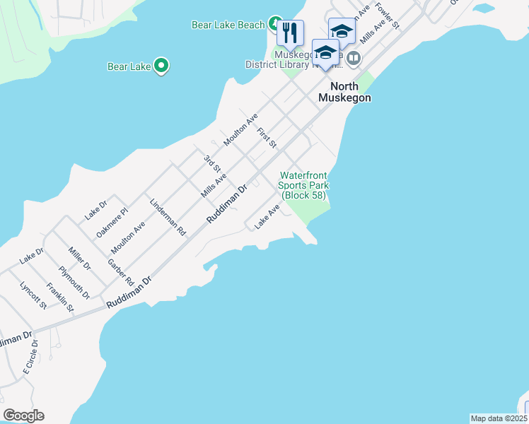 map of restaurants, bars, coffee shops, grocery stores, and more near 1006 Lake Avenue in Muskegon