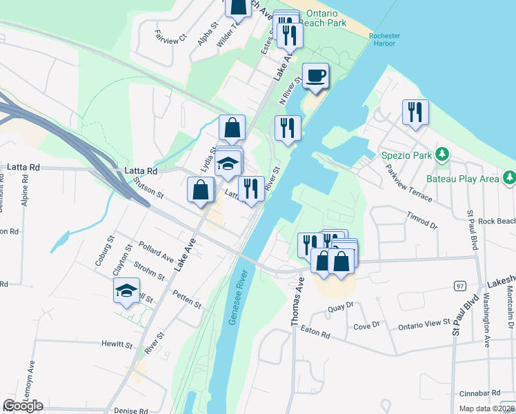 map of restaurants, bars, coffee shops, grocery stores, and more near Latta Rd & River St in Rochester
