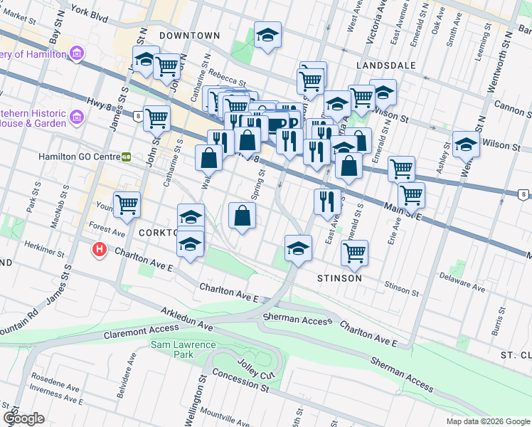 map of restaurants, bars, coffee shops, grocery stores, and more near 86 Wellington Street South in Hamilton