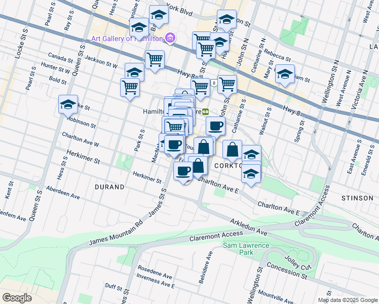 map of restaurants, bars, coffee shops, grocery stores, and more near 150 Hughson Street South in Hamilton
