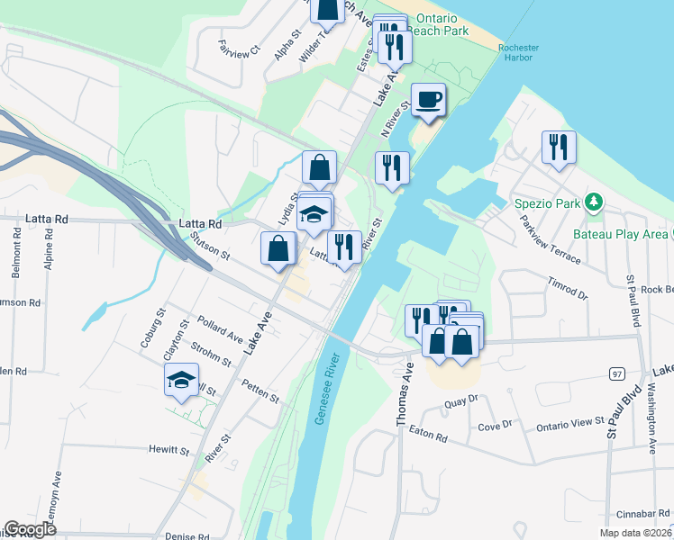 map of restaurants, bars, coffee shops, grocery stores, and more near 25 Latta Road in Rochester