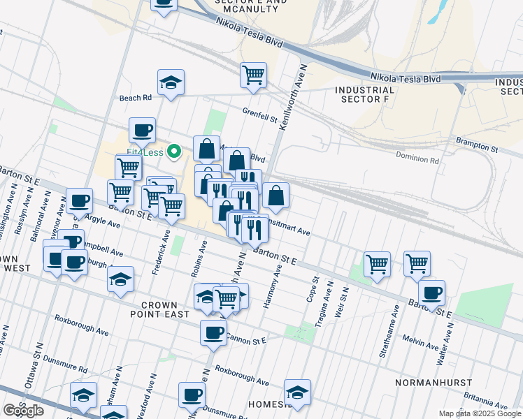 map of restaurants, bars, coffee shops, grocery stores, and more near 10 Merchison Avenue in Hamilton