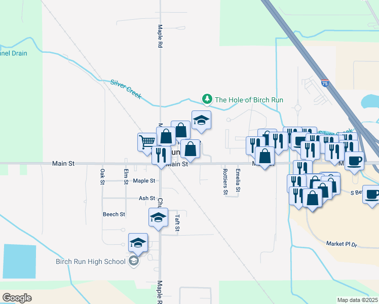 map of restaurants, bars, coffee shops, grocery stores, and more near 8131 Main Street in Birch Run