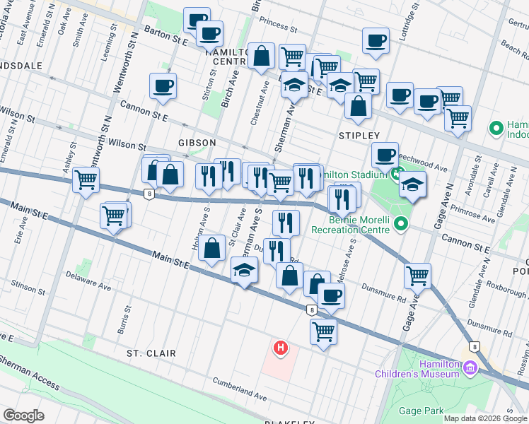map of restaurants, bars, coffee shops, grocery stores, and more near 9 Sherman Avenue South in Hamilton