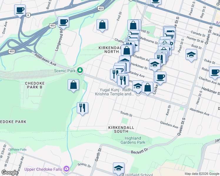 map of restaurants, bars, coffee shops, grocery stores, and more near 11 Hyde Park Avenue in Hamilton