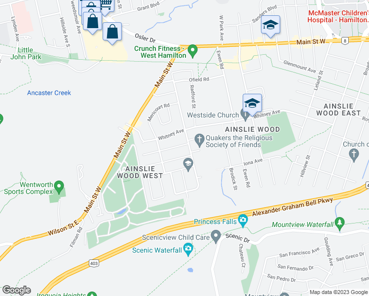 map of restaurants, bars, coffee shops, grocery stores, and more near 5 Beaucourt Road in Hamilton