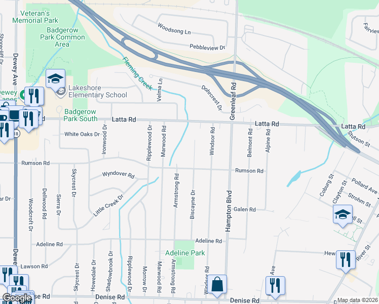map of restaurants, bars, coffee shops, grocery stores, and more near 449 Biscayne Drive in Rochester