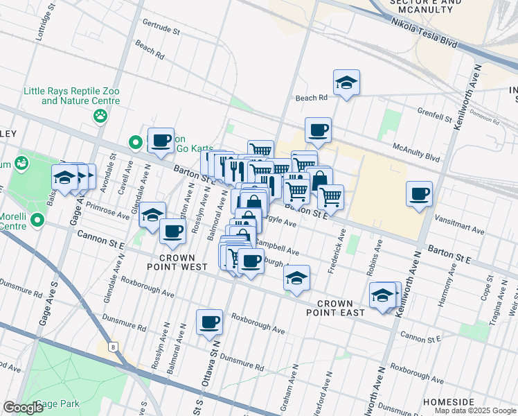 map of restaurants, bars, coffee shops, grocery stores, and more near 1090 Barton Street East in Hamilton