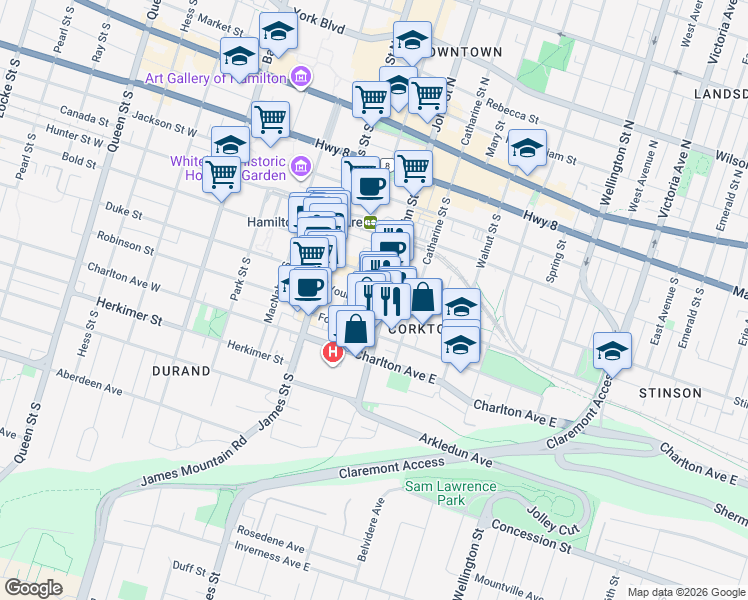 map of restaurants, bars, coffee shops, grocery stores, and more near in Hamilton