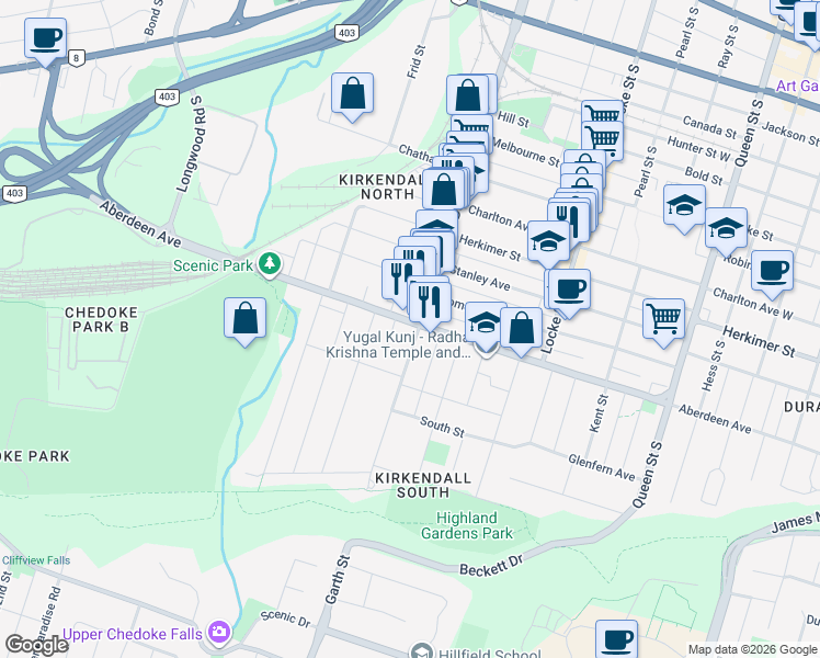 map of restaurants, bars, coffee shops, grocery stores, and more near 427 Aberdeen Avenue in Hamilton