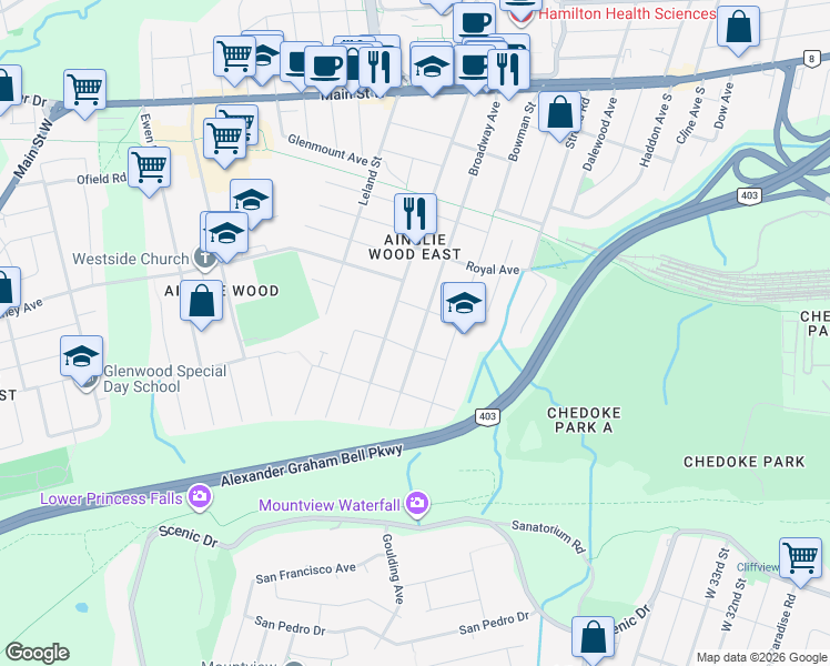 map of restaurants, bars, coffee shops, grocery stores, and more near 224 Broadway Avenue in Hamilton