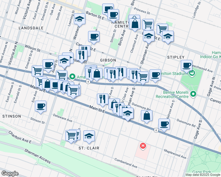 map of restaurants, bars, coffee shops, grocery stores, and more near 14 Holton Avenue South in Hamilton