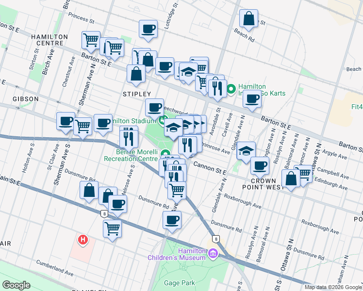 map of restaurants, bars, coffee shops, grocery stores, and more near 69 Connaught Avenue North in Hamilton
