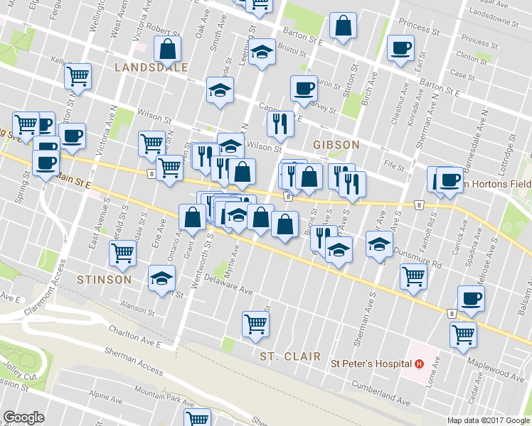 map of restaurants, bars, coffee shops, grocery stores, and more near 27 Sanford Avenue South in Hamilton