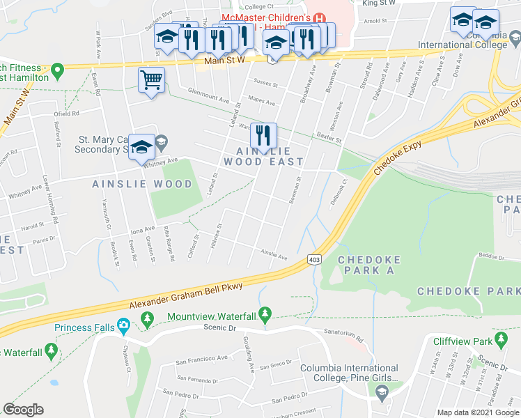 map of restaurants, bars, coffee shops, grocery stores, and more near 220 Broadway Avenue in Hamilton