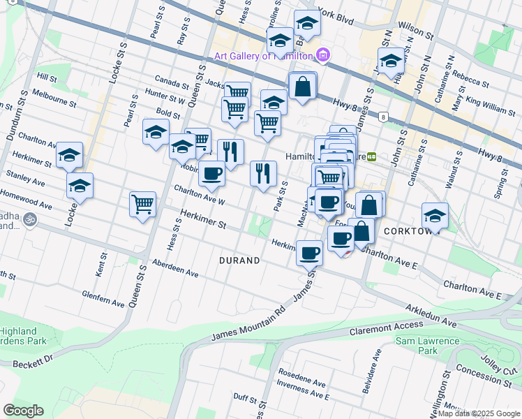 map of restaurants, bars, coffee shops, grocery stores, and more near in Hamilton