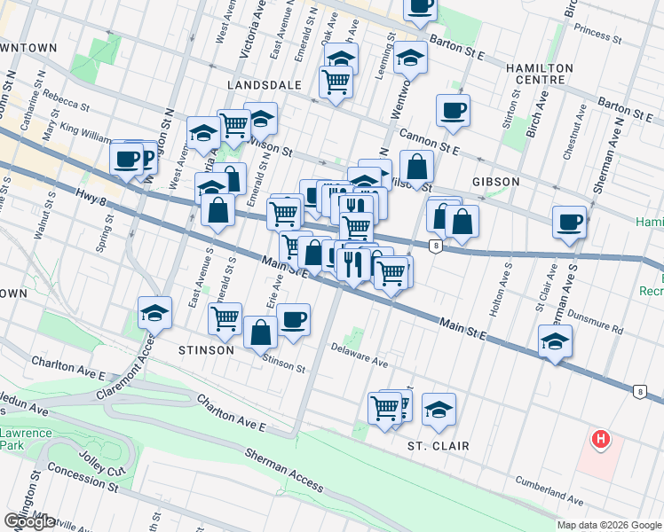 map of restaurants, bars, coffee shops, grocery stores, and more near 41 Grant Avenue in Hamilton