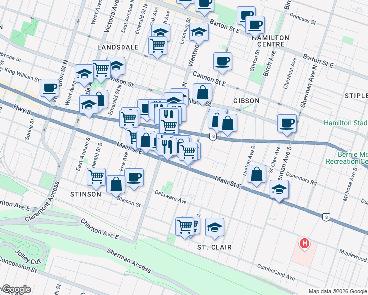 map of restaurants, bars, coffee shops, grocery stores, and more near 39 Aikman Avenue in Hamilton