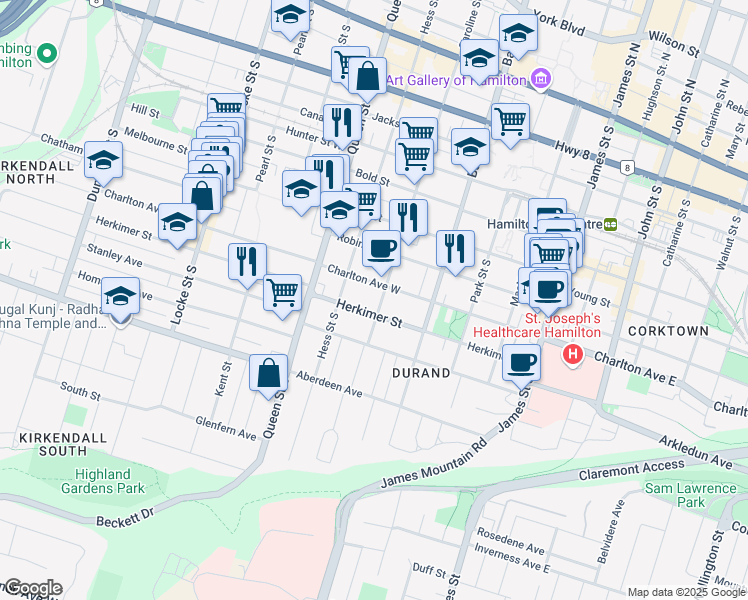map of restaurants, bars, coffee shops, grocery stores, and more near 254 Caroline Street South in Hamilton