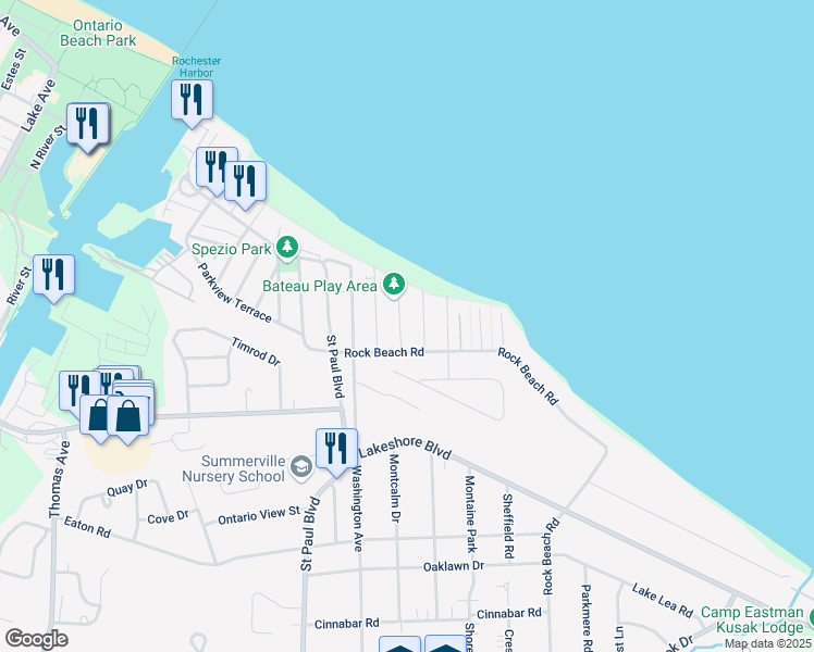 map of restaurants, bars, coffee shops, grocery stores, and more near 34 Bateau Terrace in Rochester