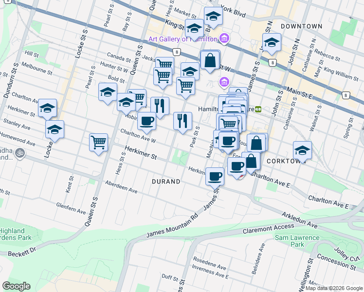 map of restaurants, bars, coffee shops, grocery stores, and more near in Hamilton