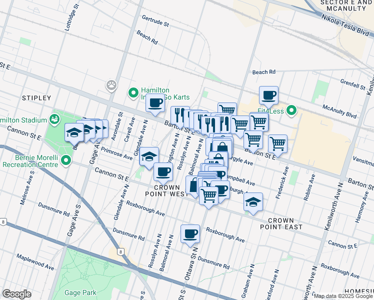 map of restaurants, bars, coffee shops, grocery stores, and more near 250 Rosslyn Avenue North in Hamilton