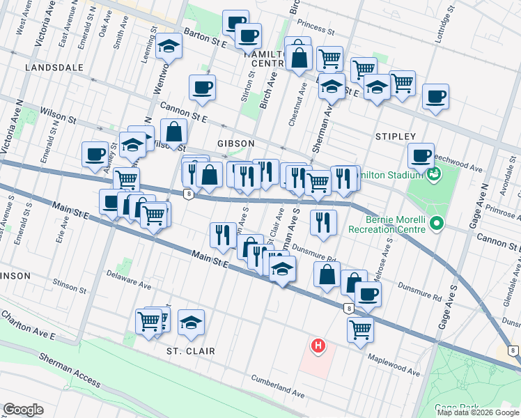 map of restaurants, bars, coffee shops, grocery stores, and more near 12 Proctor Boulevard in Hamilton