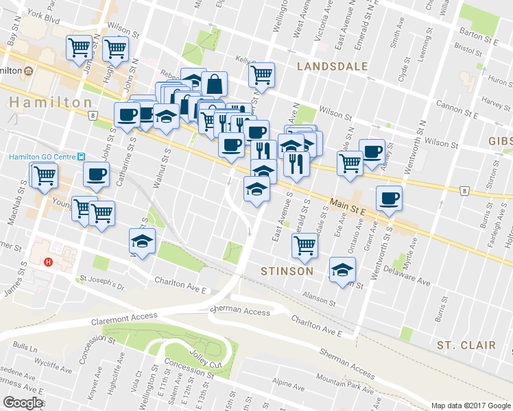 map of restaurants, bars, coffee shops, grocery stores, and more near in Hamilton