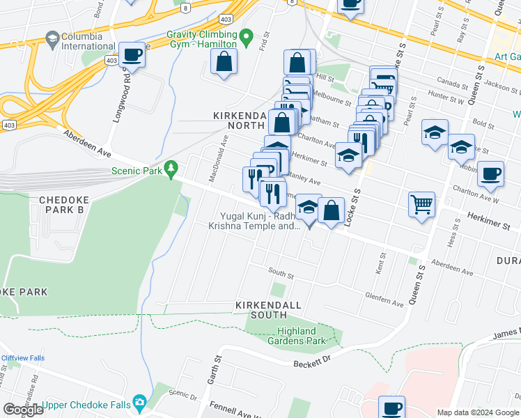 map of restaurants, bars, coffee shops, grocery stores, and more near in Hamilton