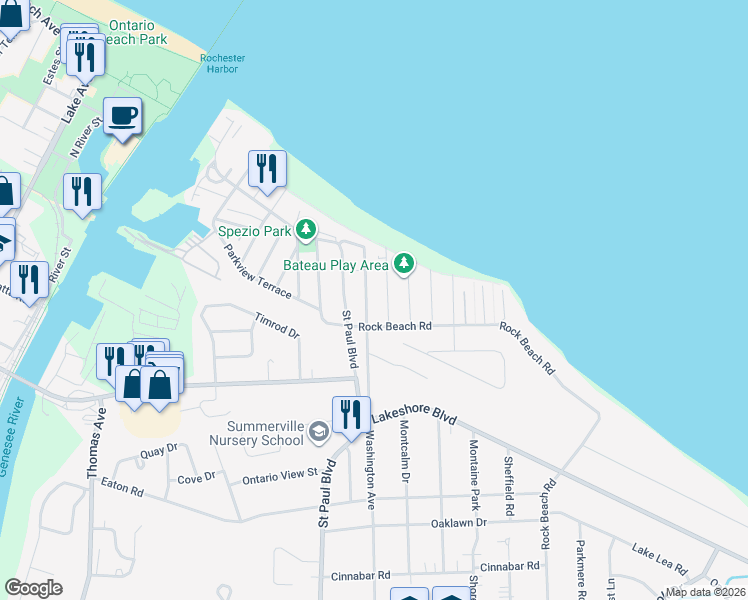 map of restaurants, bars, coffee shops, grocery stores, and more near 804 Washington Avenue in Irondequoit
