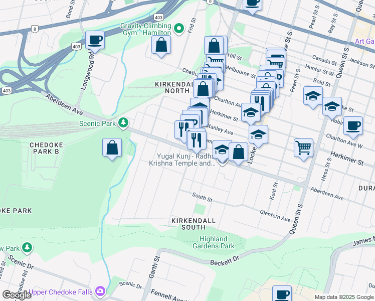 map of restaurants, bars, coffee shops, grocery stores, and more near 427 Aberdeen Avenue in Hamilton