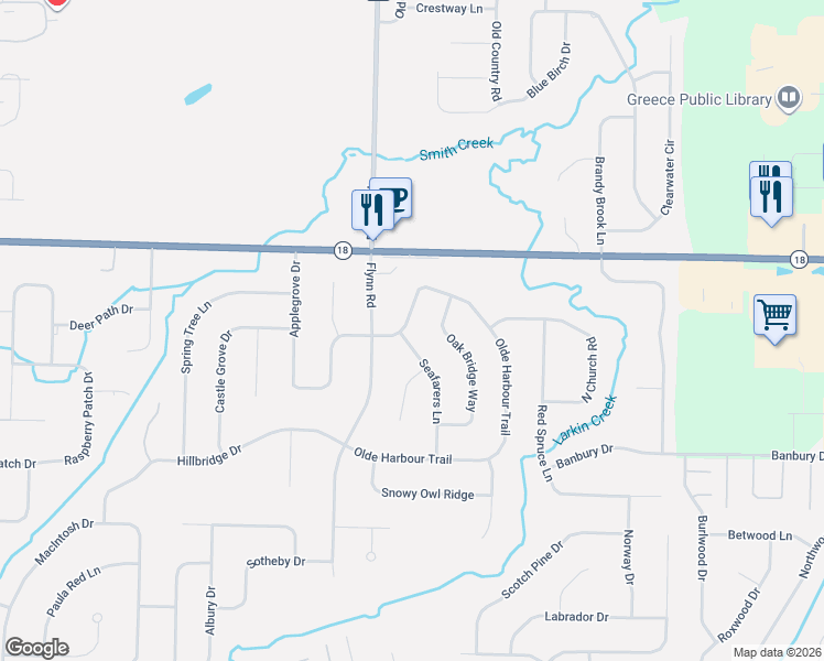 map of restaurants, bars, coffee shops, grocery stores, and more near 39 Oak Bridge Way in Rochester