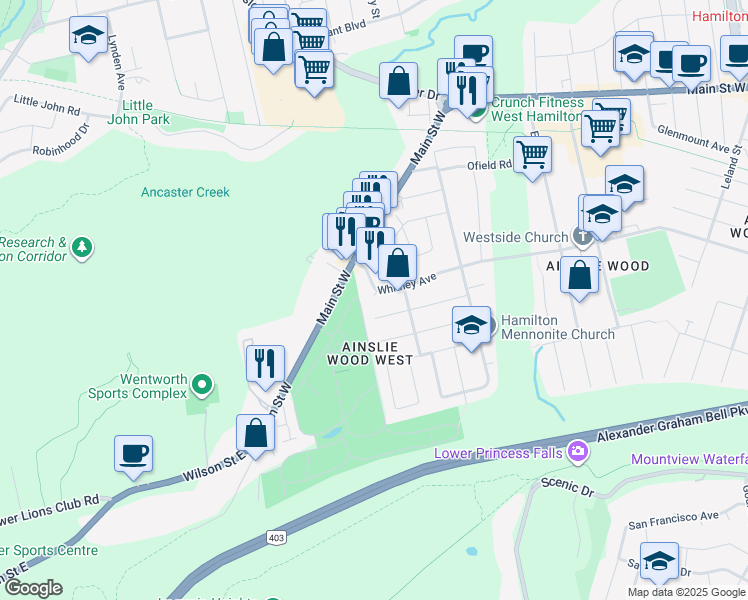 map of restaurants, bars, coffee shops, grocery stores, and more near 421 Whitney Avenue in Hamilton