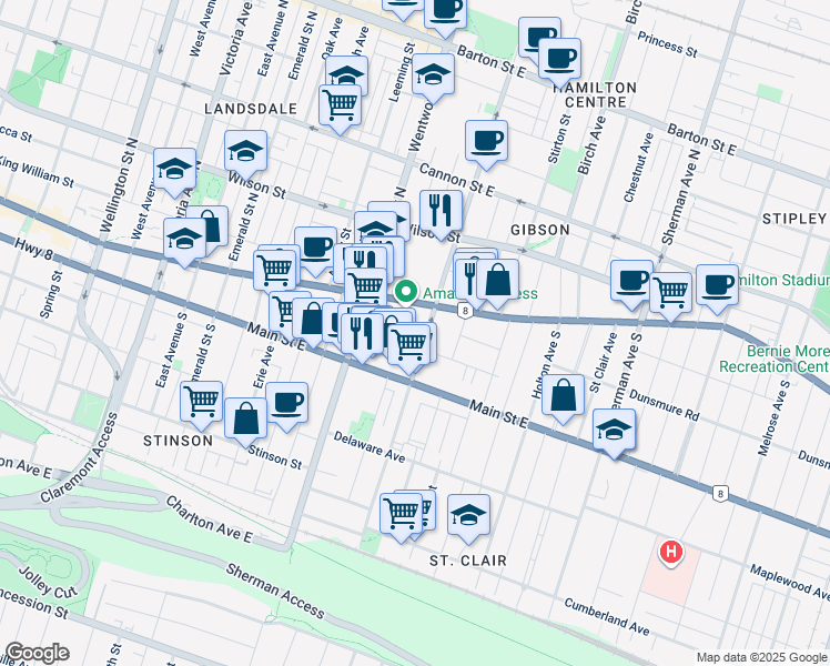 map of restaurants, bars, coffee shops, grocery stores, and more near 30 Sanford Avenue South in Hamilton