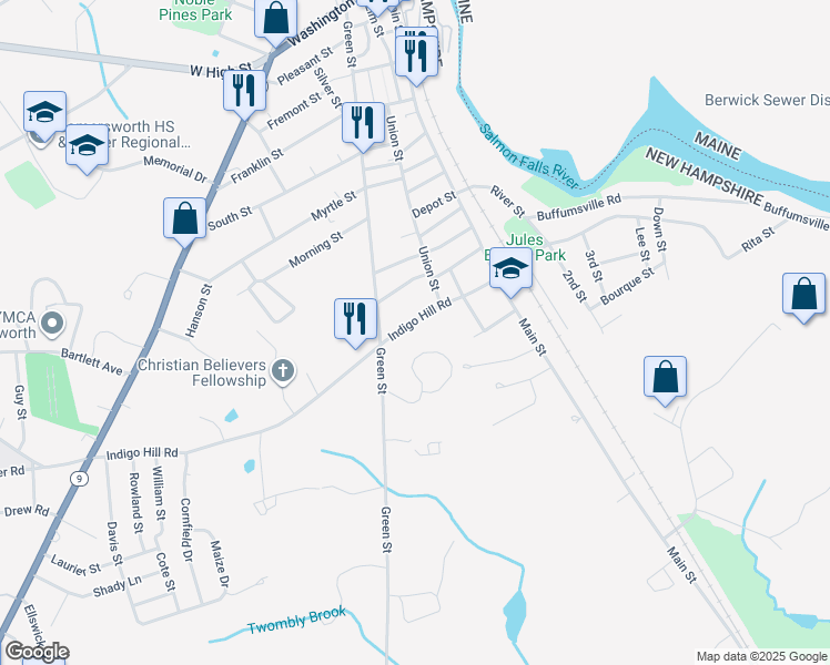 map of restaurants, bars, coffee shops, grocery stores, and more near 75 Indigo Hill Road in Somersworth