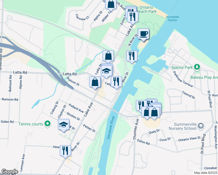 map of restaurants, bars, coffee shops, grocery stores, and more near 67 Latta Road in Rochester