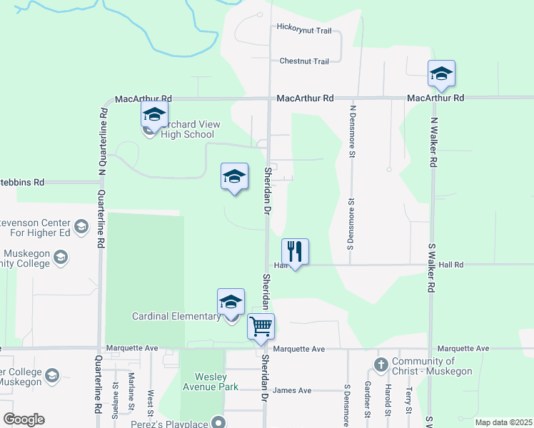 map of restaurants, bars, coffee shops, grocery stores, and more near 35 South Sheridan Drive in Muskegon