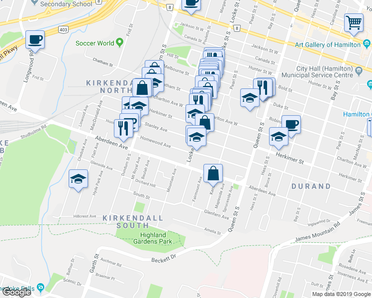map of restaurants, bars, coffee shops, grocery stores, and more near 116 Homewood Avenue in Hamilton