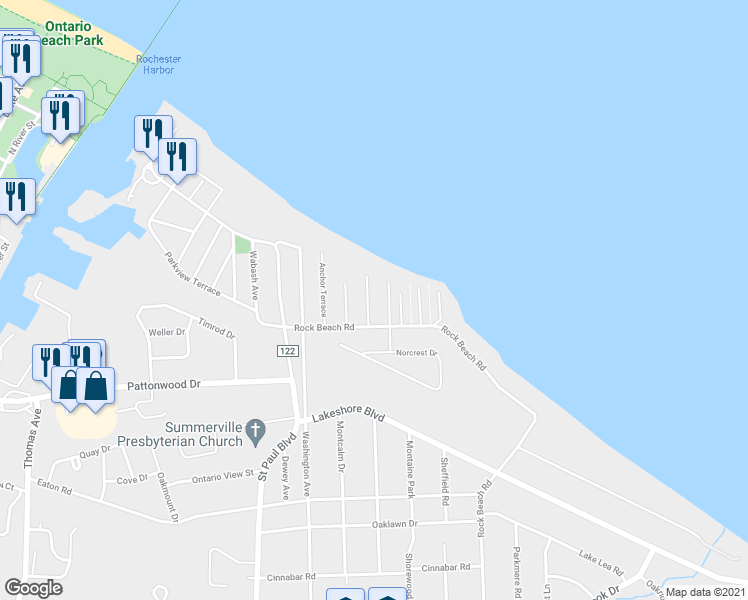 map of restaurants, bars, coffee shops, grocery stores, and more near 44 Madison Terrace in Rochester