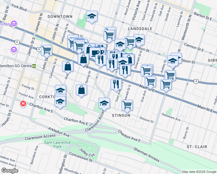 map of restaurants, bars, coffee shops, grocery stores, and more near 70 Victoria Avenue South in Hamilton