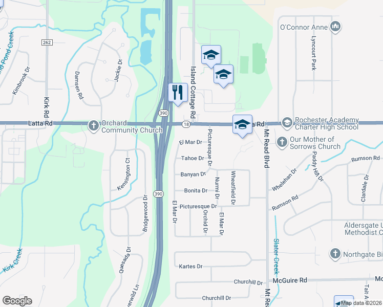 map of restaurants, bars, coffee shops, grocery stores, and more near 54 Tahoe Drive in Rochester