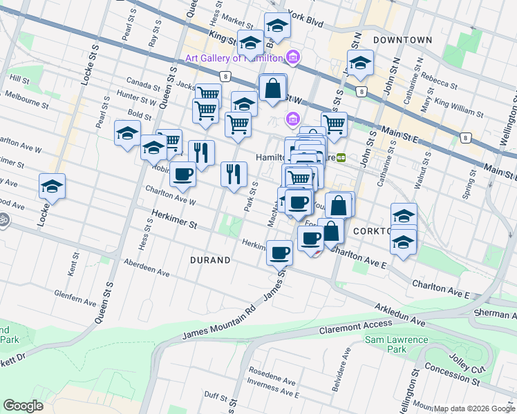 map of restaurants, bars, coffee shops, grocery stores, and more near 49 Robinson Street in Hamilton
