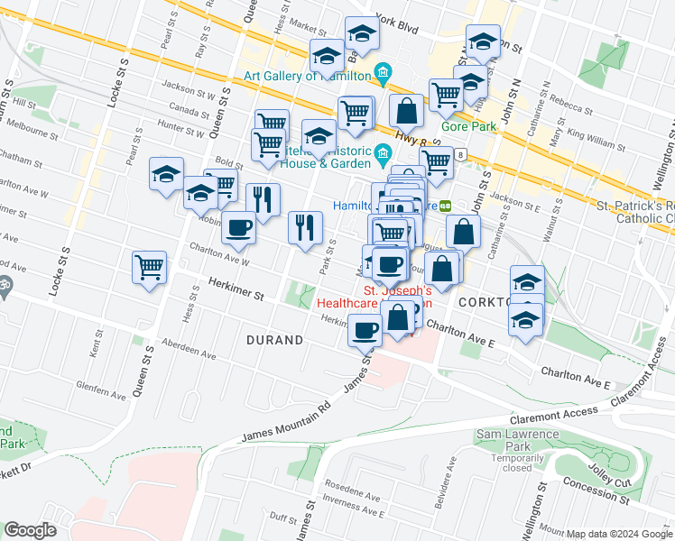 map of restaurants, bars, coffee shops, grocery stores, and more near in Hamilton