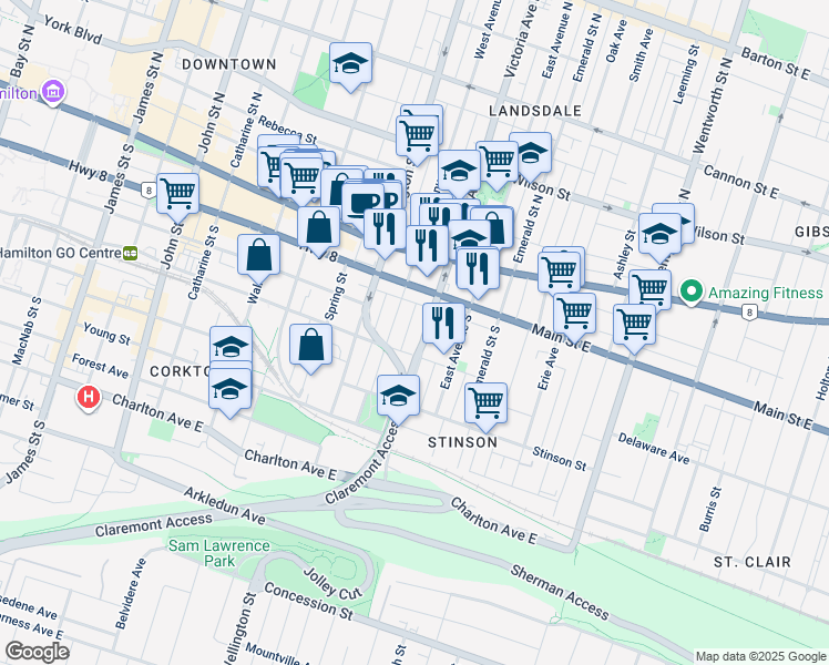 map of restaurants, bars, coffee shops, grocery stores, and more near in Hamilton