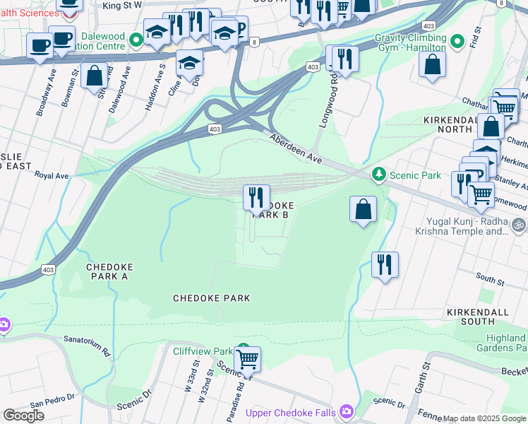 map of restaurants, bars, coffee shops, grocery stores, and more near 100 Beddoe Drive in Hamilton