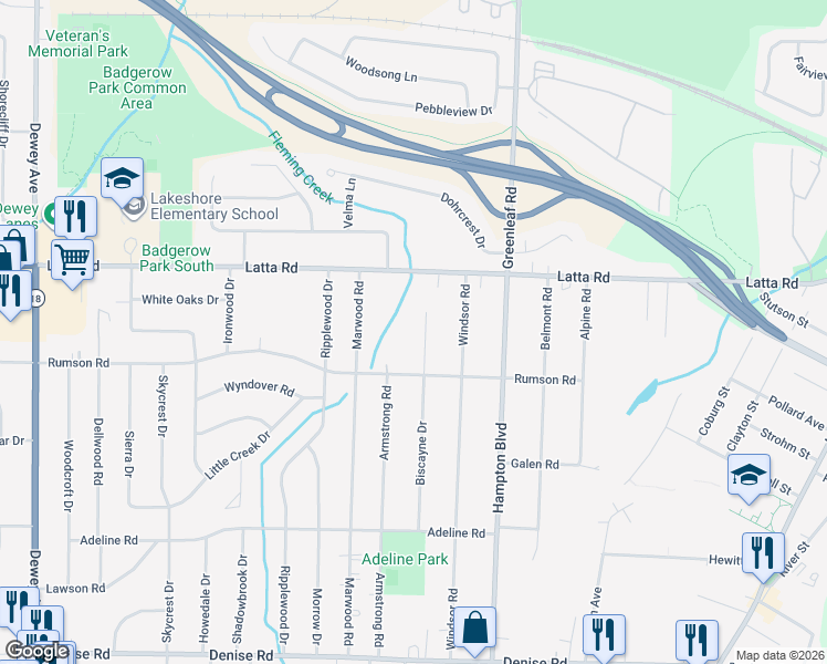 map of restaurants, bars, coffee shops, grocery stores, and more near 449 Biscayne Dr in Rochester