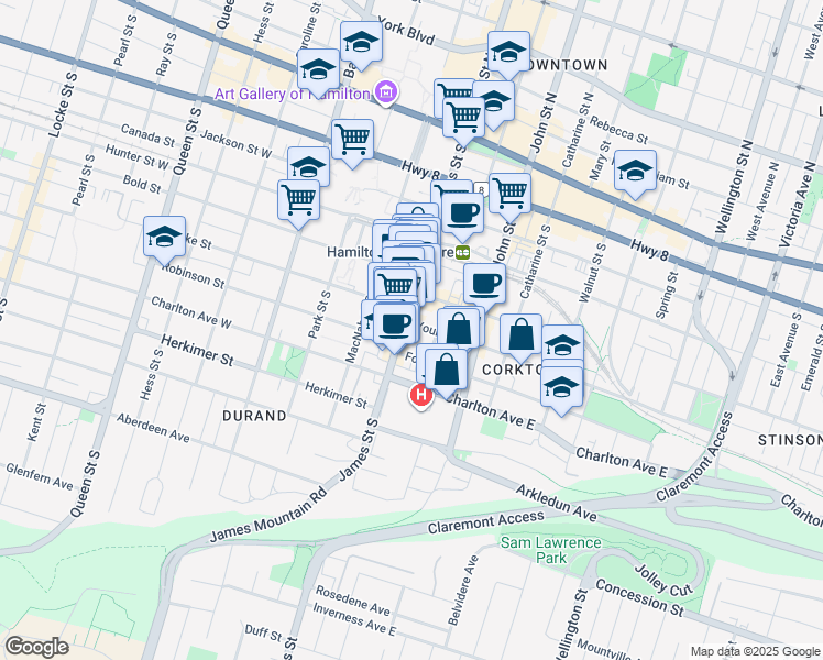 map of restaurants, bars, coffee shops, grocery stores, and more near 181 James Street North in Hamilton